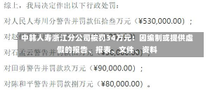 中韩人寿浙江分公司被罚34万元：因编制或提供虚假的报告、报表、文件、资料