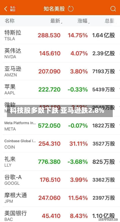 科技股多数下跌 亚马逊跌2.8%