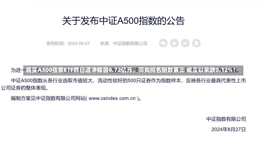 嘉实A500指数ETF昨日遭净赎回0.72亿元，同类排名倒数第三 成立以来跌0.12%！