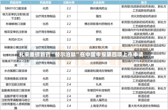 礼来重磅新药“替尔泊肽”在中国申报第四项上市申请