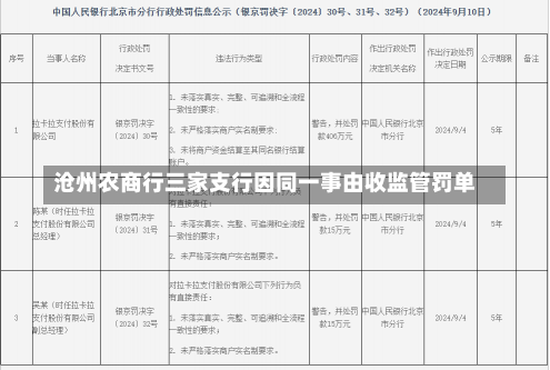 沧州农商行三家支行因同一事由收监管罚单