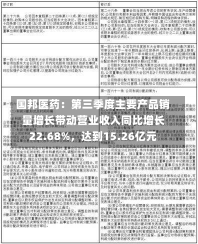 国邦医药：第三季度主要产品销量增长带动营业收入同比增长22.68%，达到15.26亿元