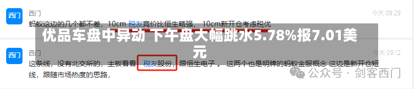 优品车盘中异动 下午盘大幅跳水5.78%报7.01美元